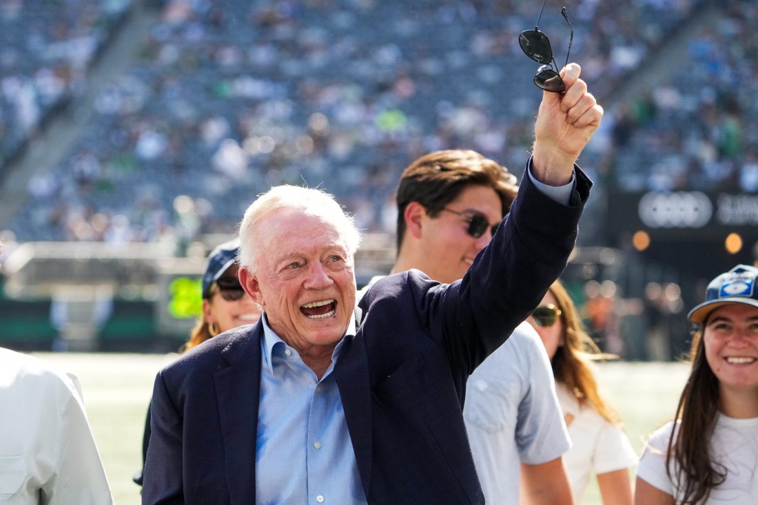 Oct 5, 2025; East Rutherford, New Jersey, USA; Dallas Cowboys Owner, President and general manager Jerry Jones waves on the field prior to a game against the New York Jets at MetLife Stadium.