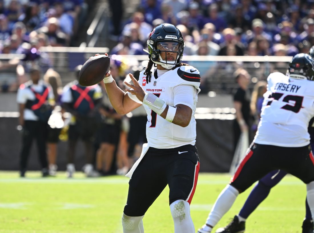 Oct 5, 2025; Baltimore, Maryland, USA; Houston Texans quarterback C.J. Stroud (7) throws during the second quarter against the Baltimore Ravens at M&T Bank Stadium.