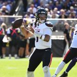 Oct 5, 2025; Baltimore, Maryland, USA; Houston Texans quarterback C.J. Stroud (7) throws during the second quarter against the Baltimore Ravens at M&T Bank Stadium.