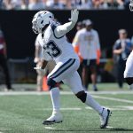 Oct 5, 2025; East Rutherford, New Jersey, USA; Dallas Cowboys defensive end James Houston (53) reacts after a sack against the New York Jets during the first half at MetLife Stadium.