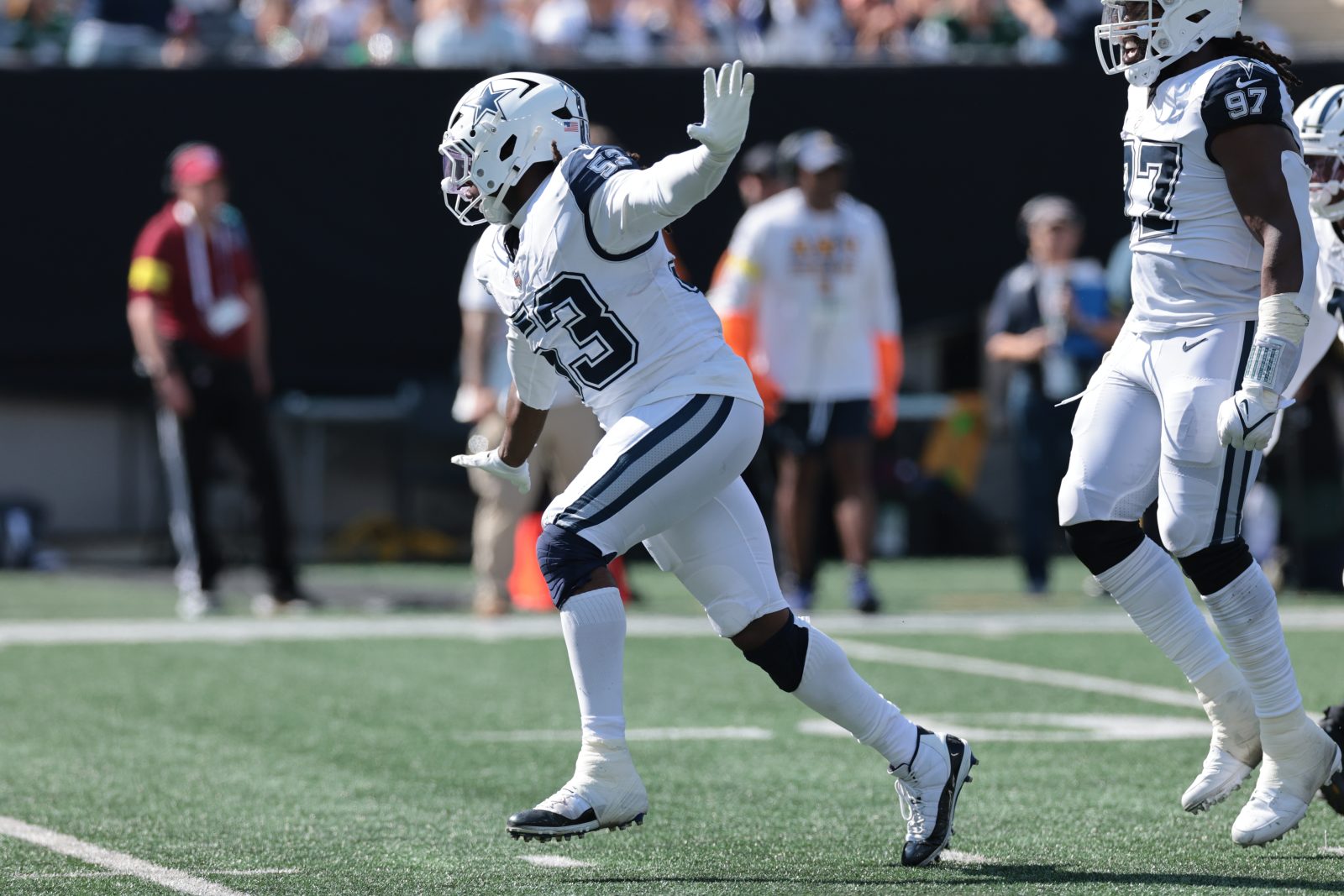 Oct 5, 2025; East Rutherford, New Jersey, USA; Dallas Cowboys defensive end James Houston (53) reacts after a sack against the New York Jets during the first half at MetLife Stadium.