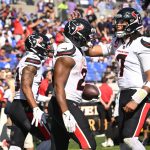 Oct 5, 2025; Baltimore, Maryland, USA; Houston Texans running back Nick Chubb (21) celebrates with quarterback C.J. Stroud (7) after scoring a touchdown during the third quarter against the Baltimore Ravens at M&T Bank Stadium.