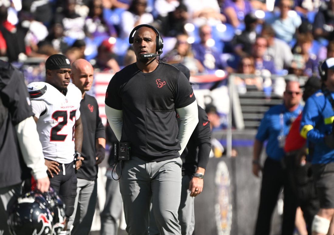 Oct 5, 2025; Baltimore, Maryland, USA; Houston Texans head coach Demeco Ryans stands on the sidelines during the third quarter against the Baltimore Ravens at M&T Bank Stadium. Mandatory Credit: Rafael Suanes-Imagn Images