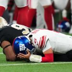 Oct 5, 2025; New Orleans, Louisiana, USA; New York Giants quarterback Jaxson Dart (6) reacts after fumbling the ball against the New Orleans Saints during the third quarter at Caesars Superdome. Mandatory Credit: Matthew Hinton-Imagn Images