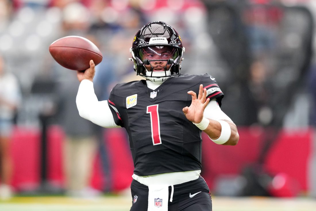 Oct 5, 2025; Glendale, Arizona, USA; Arizona Cardinals quarterback Kyler Murray (1) warms up before their game against the Tennessee Titans at State Farm Stadium. Mandatory Credit: Joe Camporeale-Imagn Images