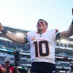 Oct 5, 2025; Philadelphia, Pennsylvania, USA; Denver Broncos quarterback Bo Nix (10) reacts as he walks off the field after a victory against the Philadelphia Eagles at Lincoln Financial Field. Mandatory Credit: Bill Streicher-Imagn Images