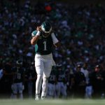 Oct 5, 2025; Philadelphia, Pennsylvania, USA; Philadelphia Eagles quarterback Jalen Hurts (1) walks onto the field after a break in action against the Denver Broncos during the third quarter at Lincoln Financial Field.