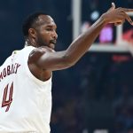 Oct 7, 2025; Cleveland, Ohio, USA; Cleveland Cavaliers forward Evan Mobley (4) celebrates after hitting a three point basket during the first quarter against the Chicago Bulls at Rocket Arena.
