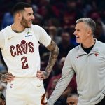 Oct 7, 2025; Cleveland, Ohio, USA; Cleveland Cavaliers guard Lonzo Ball (2) talks to Chicago Bulls Head Coach Billy Donovan during the first half at Rocket Arena.