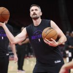Oct 8, 2025; Houston, Texas, USA; Utah Jazz forward Kevin Love (42) warms up before the game against the Houston Rockets at Toyota Center. Mandatory Credit: Troy Taormina-Imagn Images