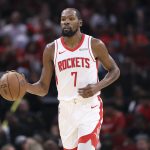Oct 8, 2025; Houston, Texas, USA; Houston Rockets forward Kevin Durant (7) brings the ball up the court during the third quarter against the Utah Jazz at Toyota Center.