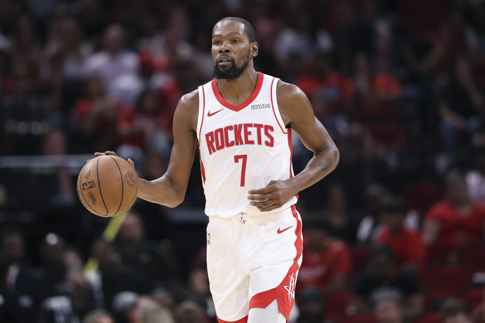 Oct 8, 2025; Houston, Texas, USA; Houston Rockets forward Kevin Durant (7) brings the ball up the court during the third quarter against the Utah Jazz at Toyota Center.