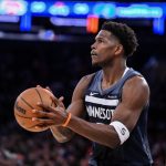 Oct 9, 2025; New York, New York, USA; Minnesota Timberwolves guard Anthony Edwards (5) shoots the ball against the New York Knicks during the first half at Madison Square Garden.