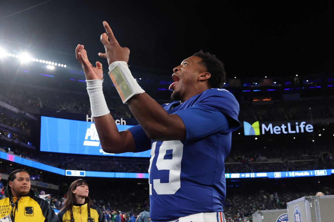 Oct 9, 2025; East Rutherford, New Jersey, USA; New York Giants quarterback Jameis Winston (19) celebrates after defeating the Philadelphia Eagles at MetLife Stadium. Mandatory Credit: Vincent Carchietta-Imagn Images