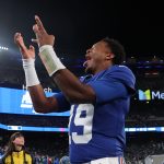 Oct 9, 2025; East Rutherford, New Jersey, USA; New York Giants quarterback Jameis Winston (19) celebrates after defeating the Philadelphia Eagles at MetLife Stadium. Mandatory Credit: Vincent Carchietta-Imagn Images