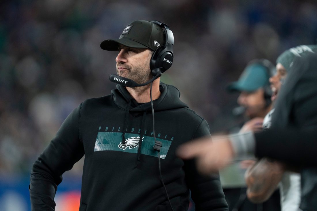 Philadelphia Eagles head coach Nick Sirianni coaches from the sidelines during a Thursday Night Football game between the New York Giants and the Philadelphia Eagles at MetLife Stadium in East Rutherford on Oct. 9, 2025.
