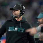 Philadelphia Eagles head coach Nick Sirianni coaches from the sidelines during a Thursday Night Football game between the New York Giants and the Philadelphia Eagles at MetLife Stadium in East Rutherford on Oct. 9, 2025.
