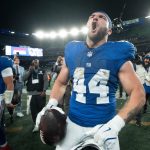 New York Giants running back Cam Skattebo (44) screams after winning a Thursday Night Football game between the New York Giants and the Philadelphia Eagles at MetLife Stadium in East Rutherford on Oct. 9, 2025.