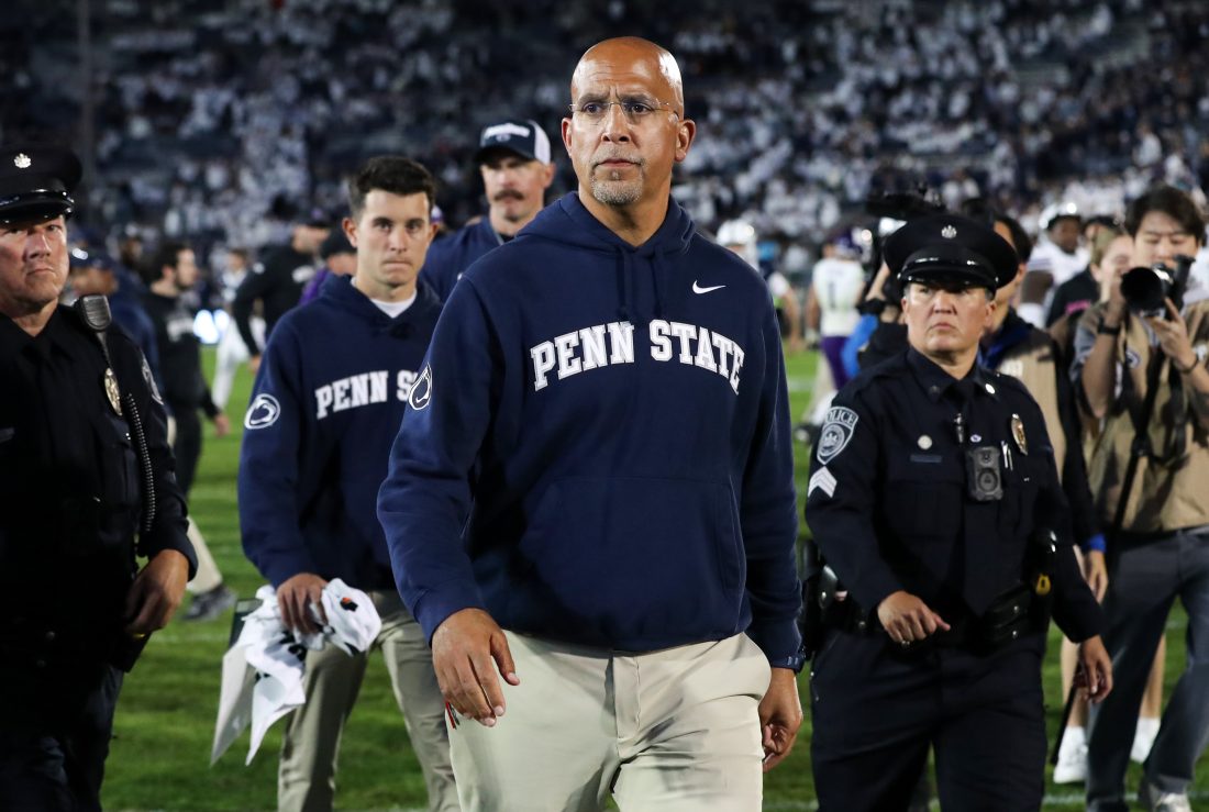 Oct 11, 2025; University Park, Pennsylvania, USA; Penn State Nittany Lions head coach James Franklin walks off the field following the game against the Northwestern Wildcats at Beaver Stadium.