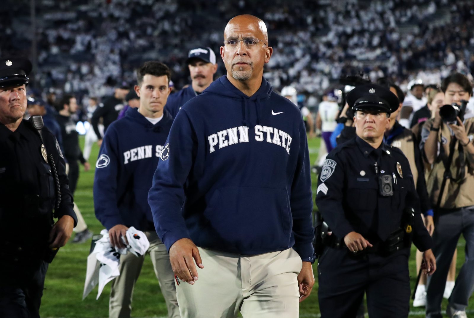 Oct 11, 2025; University Park, Pennsylvania, USA; Penn State Nittany Lions head coach James Franklin walks off the field following the game against the Northwestern Wildcats at Beaver Stadium.