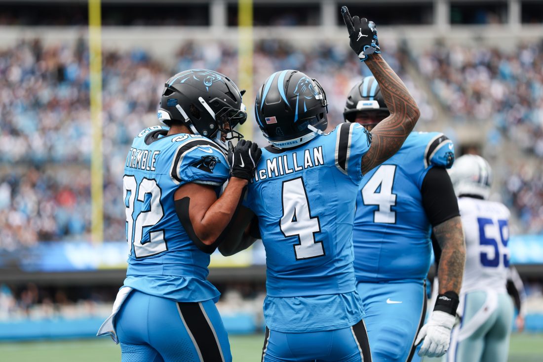 Oct 12, 2025; Charlotte, North Carolina, USA; Carolina Panthers wide receiver Tetairoa McMillan (4) celebrates a touchdown during the second half the Dallas Cowboys at Bank of America Stadium. Mandatory Credit: Cory Knowlton-Imagn Images