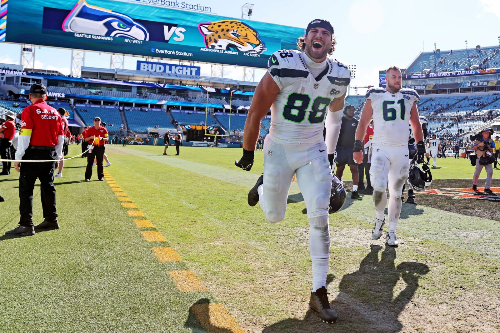 Oct 12, 2025; Jacksonville, Florida, USA; Seattle Seahawks tight end AJ Barner (88) runs off the field after the game against the Jacksonville Jaguars at EverBank Stadium. Mandatory Credit: Morgan Tencza-Imagn Images