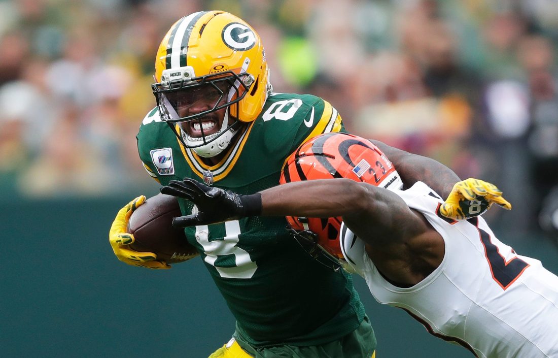 Green Bay Packers running back Josh Jacobs (8) runs the ball during a game against the Cincinnati Bengals on Oct. 12, 2025, at Lambeau Field in Green Bay, Wis. The Packers defeated the Bengals 27-18.