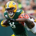Green Bay Packers running back Josh Jacobs (8) runs the ball during a game against the Cincinnati Bengals on Oct. 12, 2025, at Lambeau Field in Green Bay, Wis. The Packers defeated the Bengals 27-18.