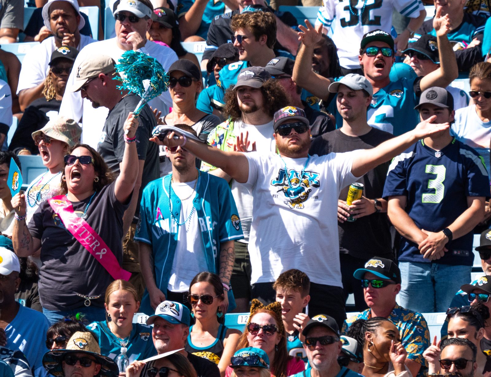 Jaguar fans show their support during the second quarter in an NFL football game at EverBank Stadium, Sunday, Oct. 12, 2025, in Jacksonville, Fla.
