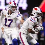Oct 13, 2025; Atlanta, Georgia, USA; Buffalo Bills quarterback Josh Allen (17) hands off to running back James Cook (4) against the Atlanta Falcons during the first half of a game at Mercedes-Benz Stadium. Mandatory Credit: Brett Davis-Imagn Images