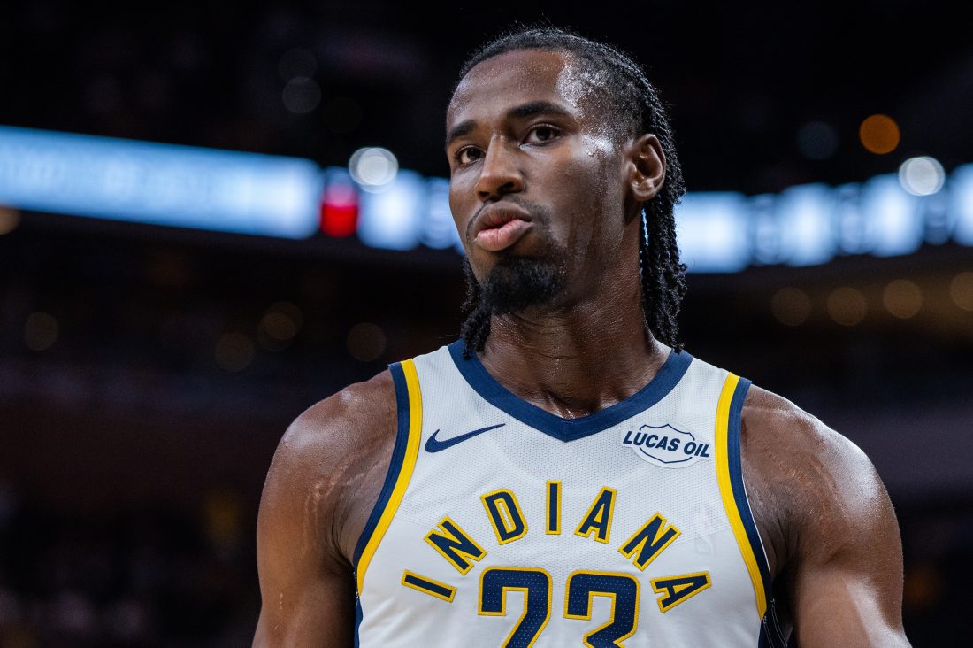 Oct 13, 2025; Indianapolis, Indiana, USA; Indiana Pacers guard/forward Aaron Nesmith (23) in the first half against the San Antonio Spurs at Gainbridge Fieldhouse.