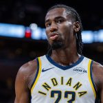 Oct 13, 2025; Indianapolis, Indiana, USA; Indiana Pacers guard/forward Aaron Nesmith (23) in the first half against the San Antonio Spurs at Gainbridge Fieldhouse.