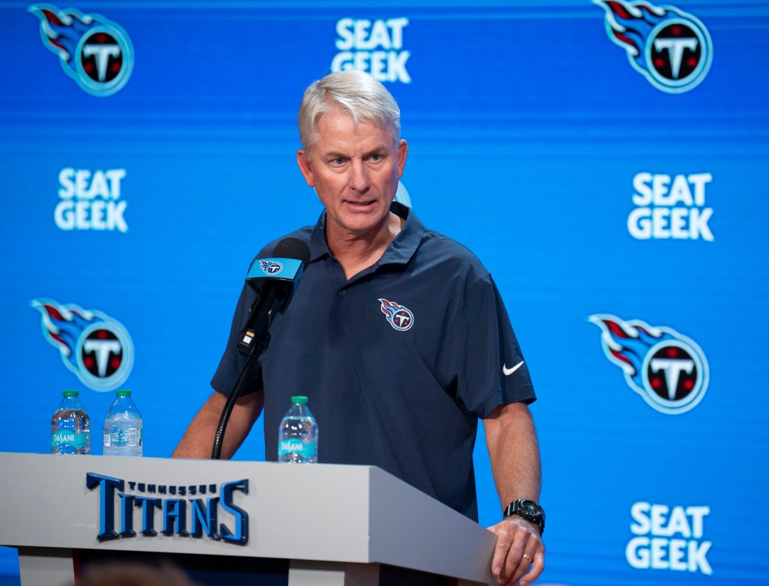 Tennessee Titans interim head coach Mike McCoy speaks to the media during his first press conference as interim head coach at Ascension Saint Thomas Sports Park in Nashville, Tenn., Tuesday, Oct. 14, 2025. Titans head coach Brian Callahan was fired Monday after leading the team to a 4-19 record over his tenure.