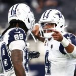 Oct 19, 2025; Arlington, Texas, USA; Dallas Cowboys quarterback Dak Prescott (4) speaks with wide receiver Ceedee Lamb (88) during warmups prior to the game against the Washington Commanders at AT&T Stadium. Mandatory Credit: Kevin Jairaj-Imagn Images