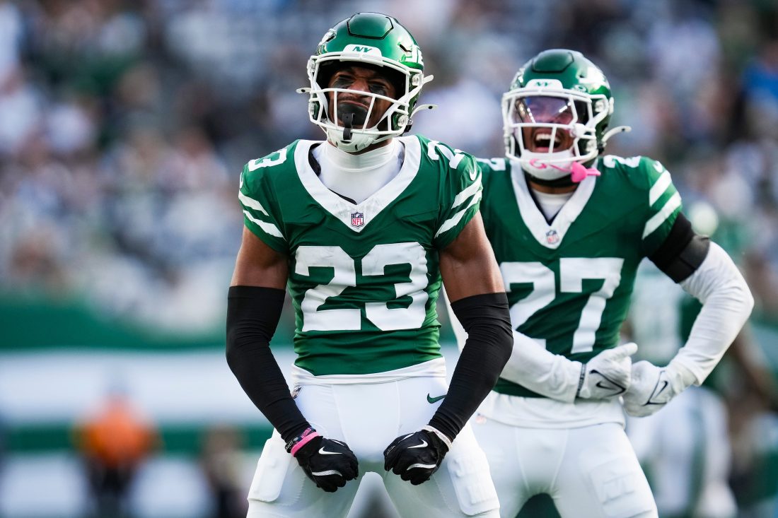 New York Jets cornerback Azareye'h Thomas (23) and New York Jets defensive back Malachi Moore (27) celebrate during a game against the Carolina Panthers at MetLife Stadium, Oct 19, 2025, East Rutherford, NJ, USA.