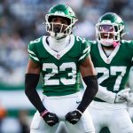 New York Jets cornerback Azareye'h Thomas (23) and New York Jets defensive back Malachi Moore (27) celebrate during a game against the Carolina Panthers at MetLife Stadium, Oct 19, 2025, East Rutherford, NJ, USA.