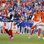 Oct 19, 2025; Denver, Colorado, USA; Denver Broncos punter Jeremy Crawshaw (16) and Denver Broncos kicker Wil Lutz (3) celebrate the win against the New York Giants at Empower Field at Mile High. Mandatory Credit: Isaiah J. Downing-Imagn Images