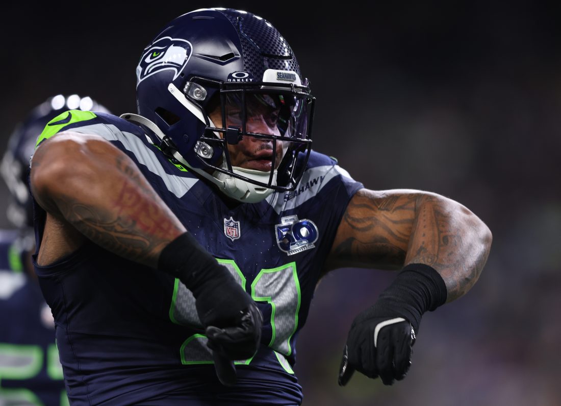 Oct 20, 2025; Seattle, Washington, USA; Seattle Seahawks defensive tackle Byron Murphy II (91) celebrates after a play during the second quarter against the Houston Texans at Lumen Field. Mandatory Credit: Kevin Ng-Imagn Images