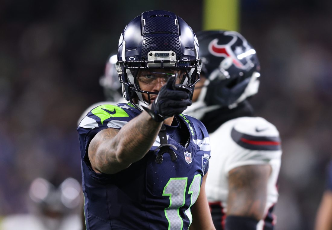 Oct 20, 2025; Seattle, Washington, USA; Seattle Seahawks wide receiver Jaxon Smith-Njigba (11) celebrates after a first down during the third quarter against the Houston Texans at Lumen Field. Mandatory Credit: Kevin Ng-Imagn Images