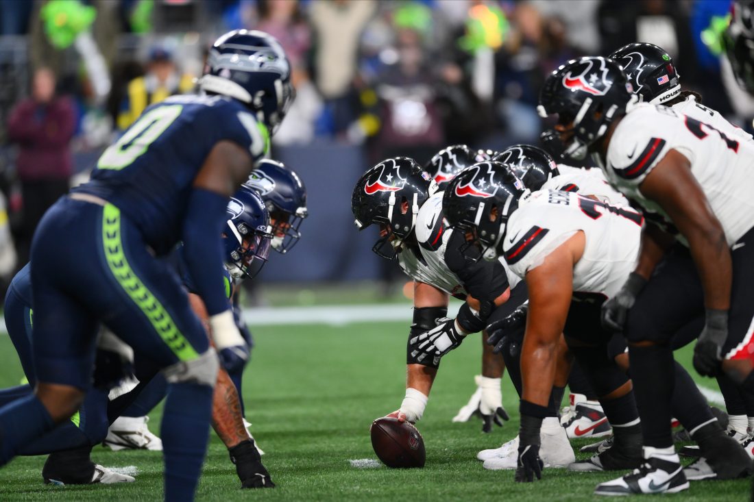 Oct 20, 2025; Seattle, Washington, USA; The Houston Texans wait to snap the ball against the Seattle Seahawks during the fourth quarter at Lumen Field.