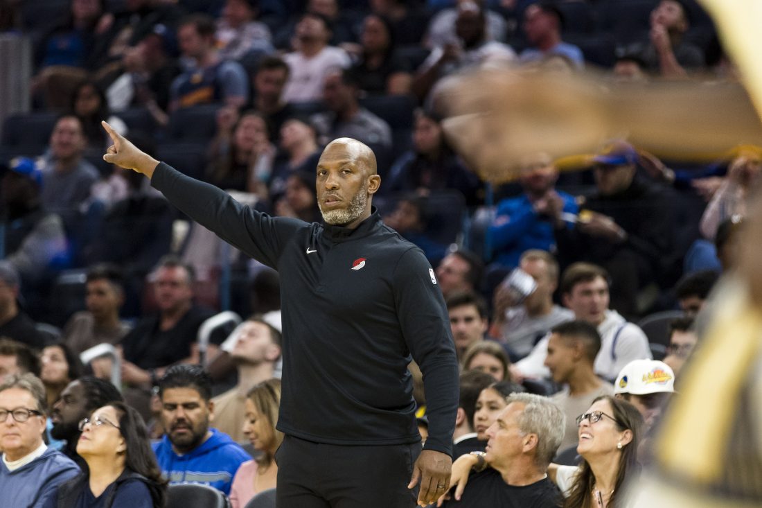 Oct 8, 2025; San Francisco, California, USA; Portland Trail Blazers Head Coach Chauncey Billups gestures against the Golden State Warriors during the second quarter at Chase Center. Mandatory Credit: John Hefti-Imagn Images