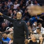 Oct 8, 2025; San Francisco, California, USA; Portland Trail Blazers Head Coach Chauncey Billups gestures against the Golden State Warriors during the second quarter at Chase Center. Mandatory Credit: John Hefti-Imagn Images
