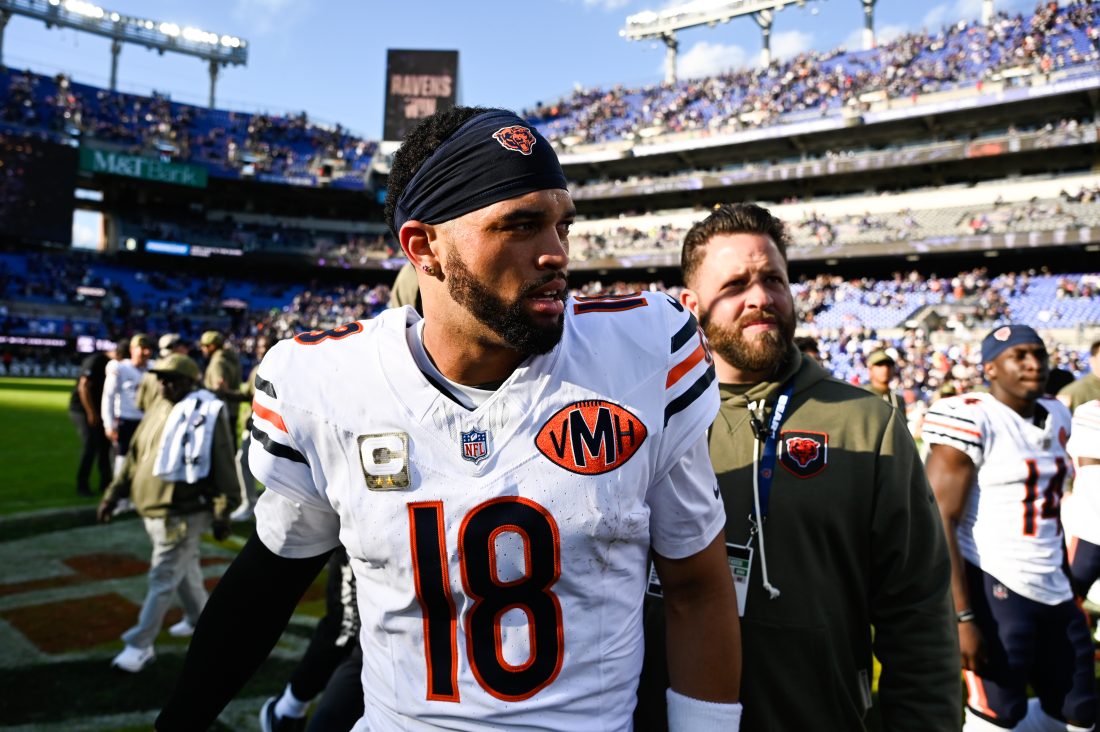 Oct 26, 2025; Baltimore, Maryland, USA; Chicago Bears quarterback Caleb Williams (18) looks on after the game against the Baltimore Ravens at M&T Bank Stadium. Mandatory Credit: Tommy Gilligan-Imagn Images