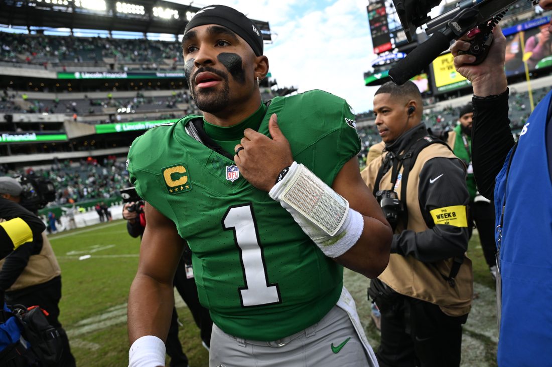 Oct 26, 2025; Philadelphia, Pennsylvania, USA; Philadelphia Eagles quarterback Jalen Hurts (1) reacts after the game against the New York Giants at Lincoln Financial Field.