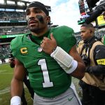 Oct 26, 2025; Philadelphia, Pennsylvania, USA; Philadelphia Eagles quarterback Jalen Hurts (1) reacts after the game against the New York Giants at Lincoln Financial Field.