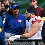 Oct 26, 2025; Philadelphia, Pennsylvania, USA; New York Giants running back Cam Skattebo (44) is carted off the field with a leg injury during the second quarter against the Philadelphia Eagles at Lincoln Financial Field. Mandatory Credit: Eric Hartline-Imagn Images