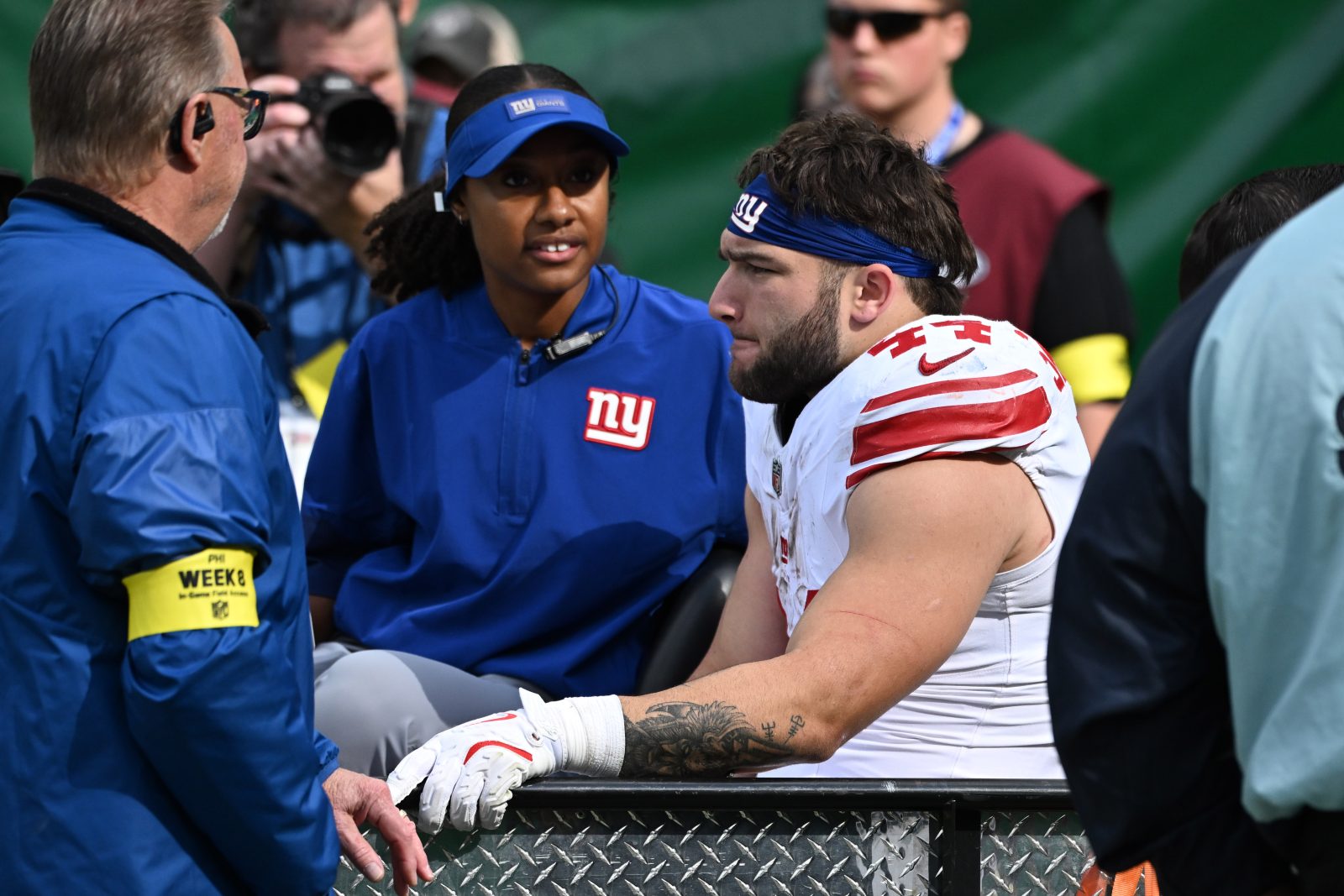 Oct 26, 2025; Philadelphia, Pennsylvania, USA; New York Giants running back Cam Skattebo (44) is carted off the field with a leg injury during the second quarter against the Philadelphia Eagles at Lincoln Financial Field. Mandatory Credit: Eric Hartline-Imagn Images