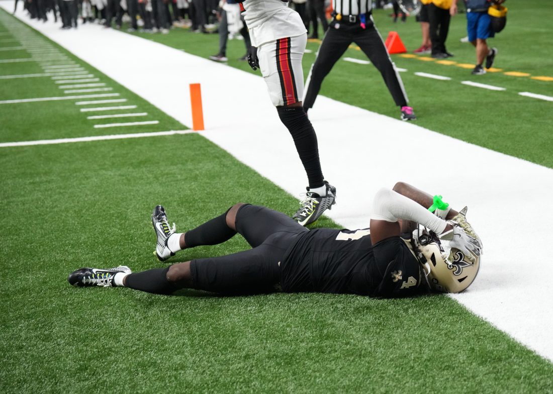 Oct 26, 2025; New Orleans, Louisiana, USA; New Orleans Saints cornerback Kool-Aid McKinstry (4) reacts after missing a pass intended for Tampa Bay Buccaneers wide receiver Sterling Shepard (17) during the third quarter at Caesars Superdome. Mandatory Credit: Matthew Hinton-Imagn Images