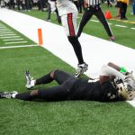 Oct 26, 2025; New Orleans, Louisiana, USA; New Orleans Saints cornerback Kool-Aid McKinstry (4) reacts after missing a pass intended for Tampa Bay Buccaneers wide receiver Sterling Shepard (17) during the third quarter at Caesars Superdome. Mandatory Credit: Matthew Hinton-Imagn Images