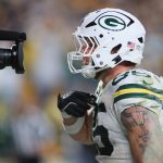Green Bay Packers tight end Tucker Kraft (85) talks to the camera after scoring a touchdown during the second half against the Pittsburgh Steelers at Acrisure Stadium in Pittsburgh, PA on October 26, 2025.
